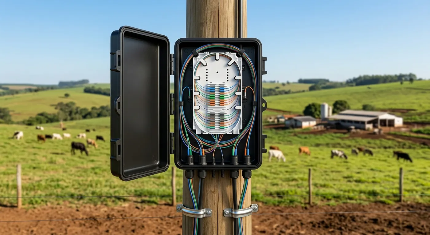 Caixa de emenda de fibra óptica aberta, instalada em um poste de madeira em área rural.